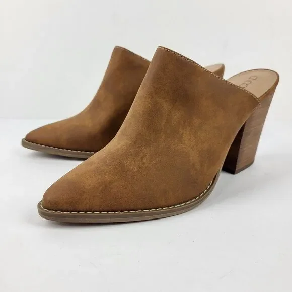 ABOUND Maya Block Heel Mules Shoes Womens Pointed Tan FAUX-LEATHER Size 9.5 M - Picture 1 of 11